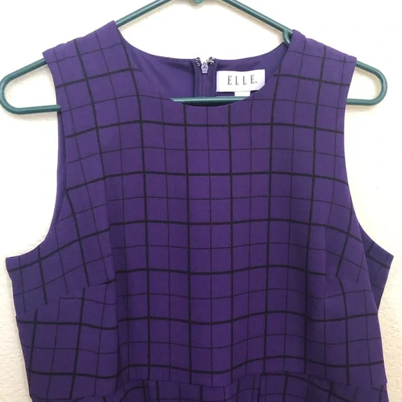ELLE Womens Medium Sleeveless Peplum Asymmetrical Top Blouse Purple Checkers NWT - Picture 7 of 16